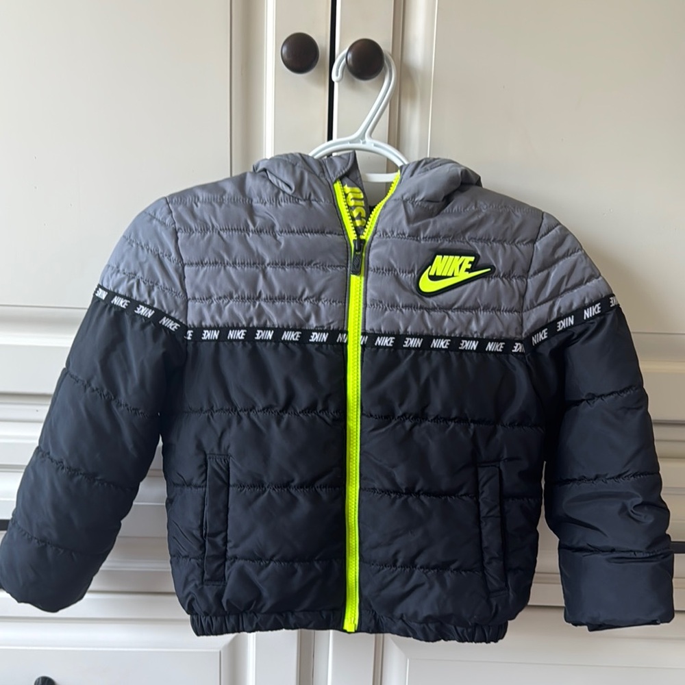 Nike Kids Black and Gray Puffer Jacket with Neon Accents